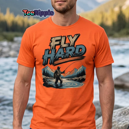 Fly Hard Fly Fishing T-Shirt – Outdoor Adventure Tee - Maroon - TeeRipple