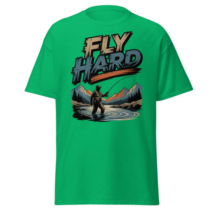 Fly Hard Fly Fishing T-Shirt – Outdoor Adventure Tee - Irish Green - TeeRipple