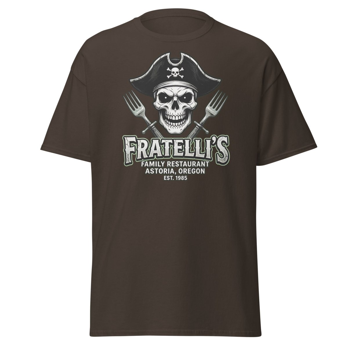 Fratelli's Pirate Skull T-Shirt - Astoria Oregon Restaurant Tee - Dark Chocolate - TeeRipple
