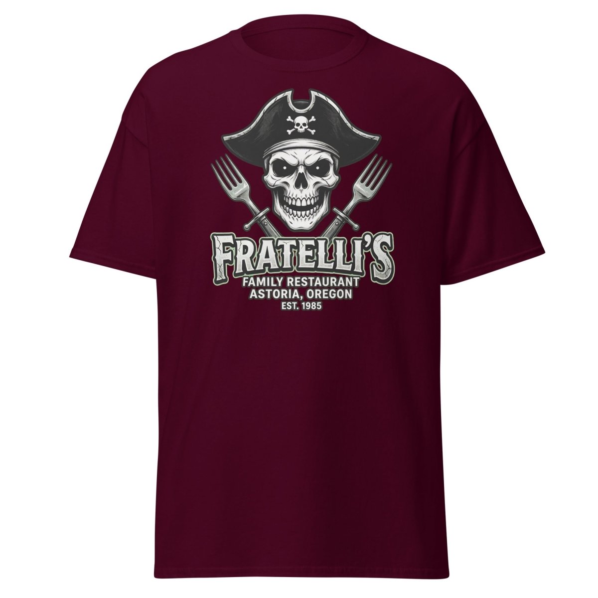 Fratelli's Pirate Skull T-Shirt - Astoria Oregon Restaurant Tee - Maroon - TeeRipple