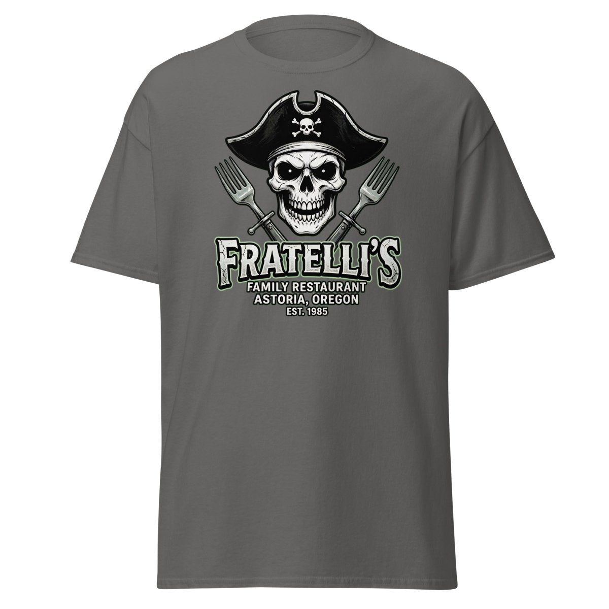 Fratelli's Pirate Skull T-Shirt - Astoria Oregon Restaurant Tee - Charcoal - TeeRipple