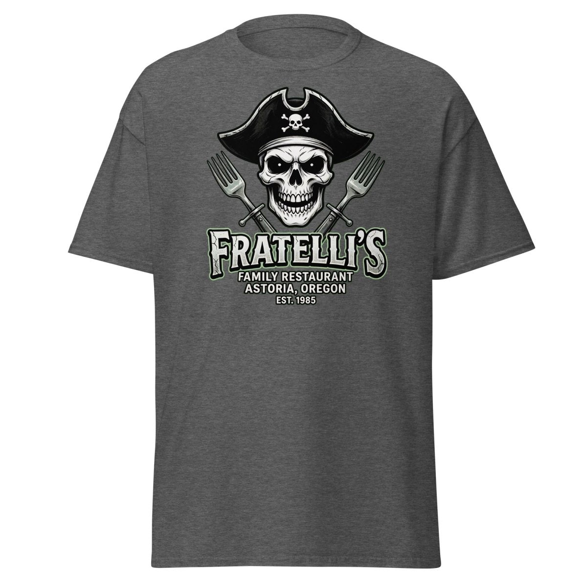 Fratelli's Pirate Skull T-Shirt - Astoria Oregon Restaurant Tee - Dark Heather - TeeRipple