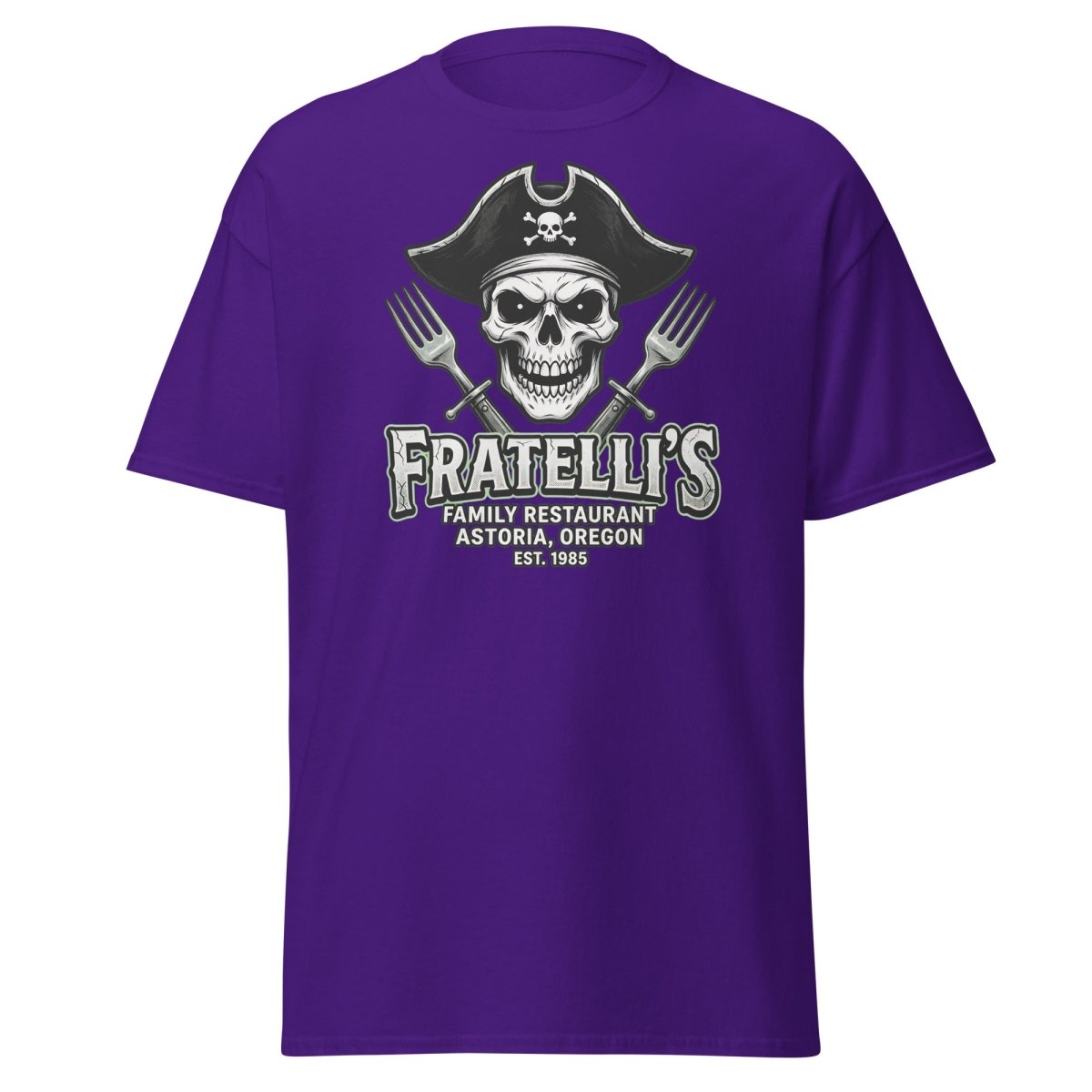 Fratelli's Pirate Skull T-Shirt - Astoria Oregon Restaurant Tee - Purple - TeeRipple