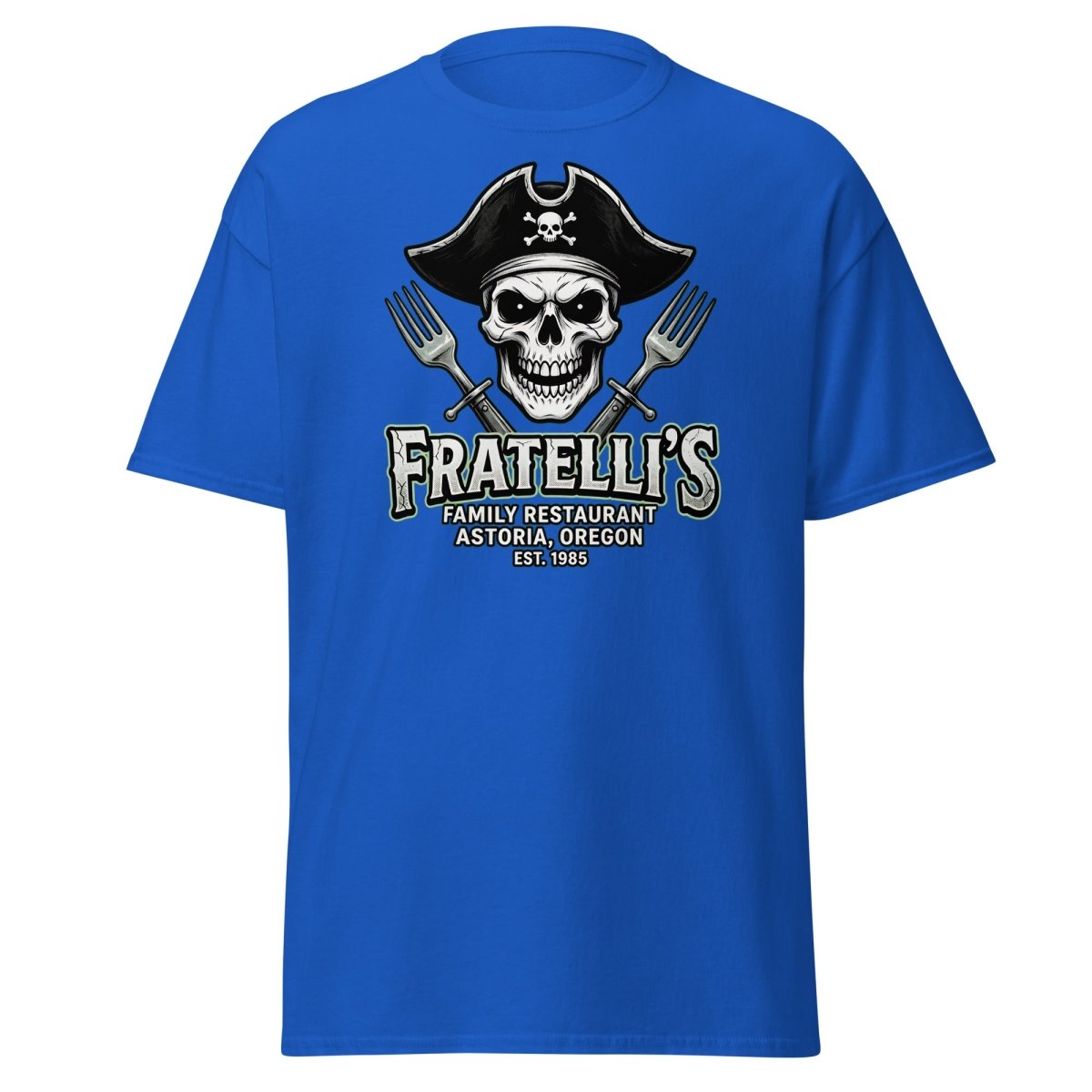 Fratelli's Pirate Skull T-Shirt - Astoria Oregon Restaurant Tee - Royal - TeeRipple