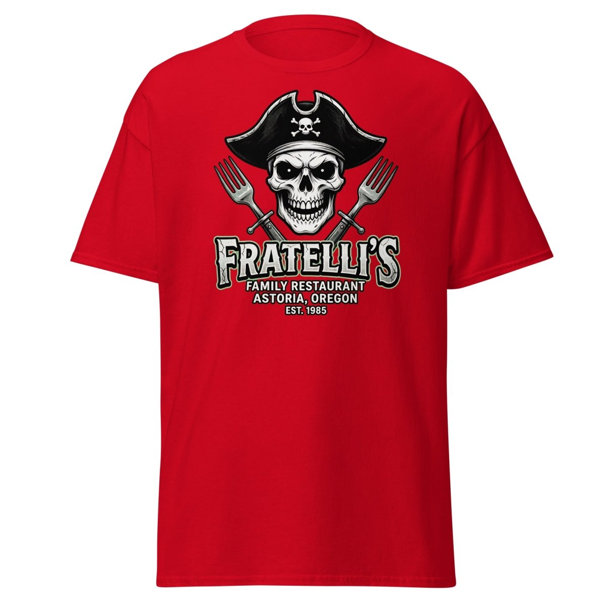 Fratelli's Pirate Skull T-Shirt - Astoria Oregon Restaurant Tee - Red - TeeRipple