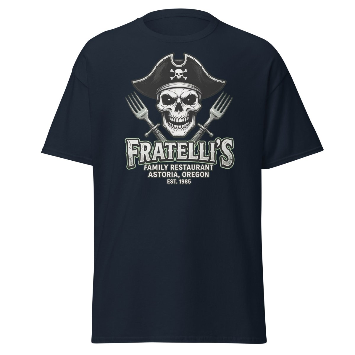 Fratelli's Pirate Skull T-Shirt - Astoria Oregon Restaurant Tee - Navy - TeeRipple