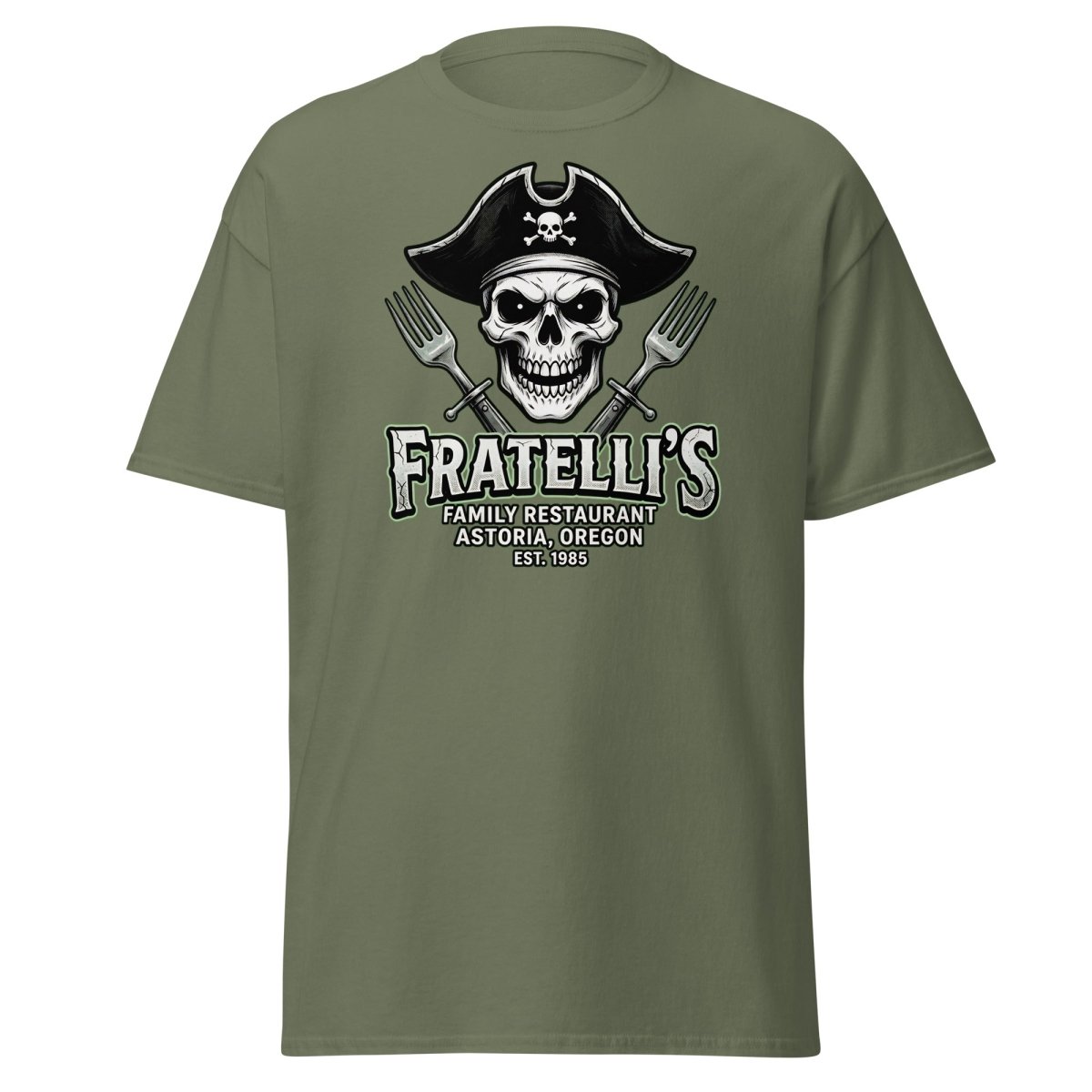 Fratelli's Pirate Skull T-Shirt - Astoria Oregon Restaurant Tee - Military Green - TeeRipple