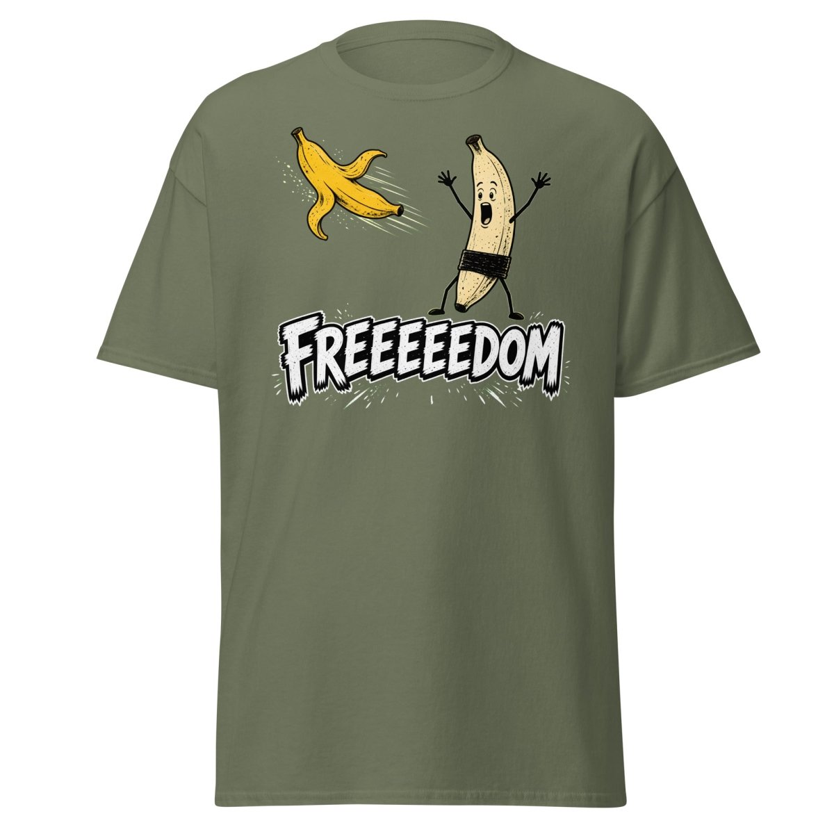 FREEEEEDOM Banana T-Shirt – Funny Cartoon Fruit Graphic Tee - Military Green - TeeRipple