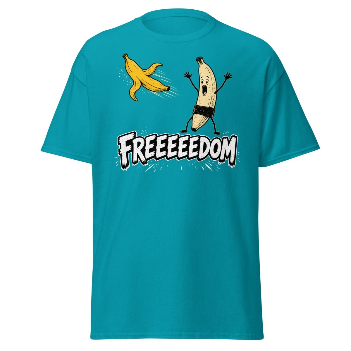 FREEEEEDOM Banana T-Shirt – Funny Cartoon Fruit Graphic Tee - Tropical Blue - TeeRipple