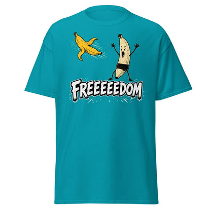 FREEEEEDOM Banana T-Shirt – Funny Cartoon Fruit Graphic Tee - Tropical Blue - TeeRipple