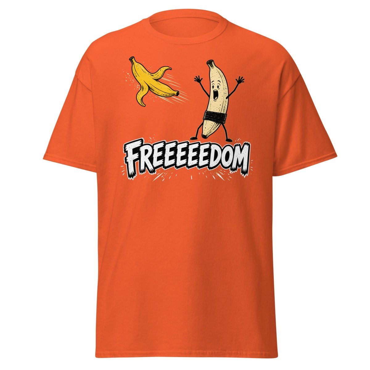 FREEEEEDOM Banana T-Shirt – Funny Cartoon Fruit Graphic Tee - Orange - TeeRipple