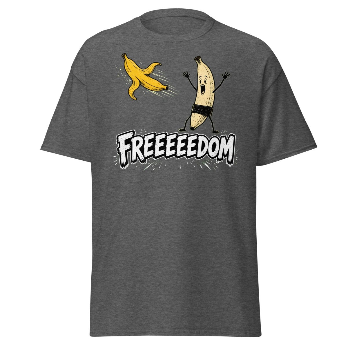 FREEEEEDOM Banana T-Shirt – Funny Cartoon Fruit Graphic Tee - Dark Heather - TeeRipple