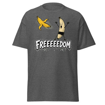 FREEEEEDOM Banana T-Shirt – Funny Cartoon Fruit Graphic Tee - Dark Heather - TeeRipple