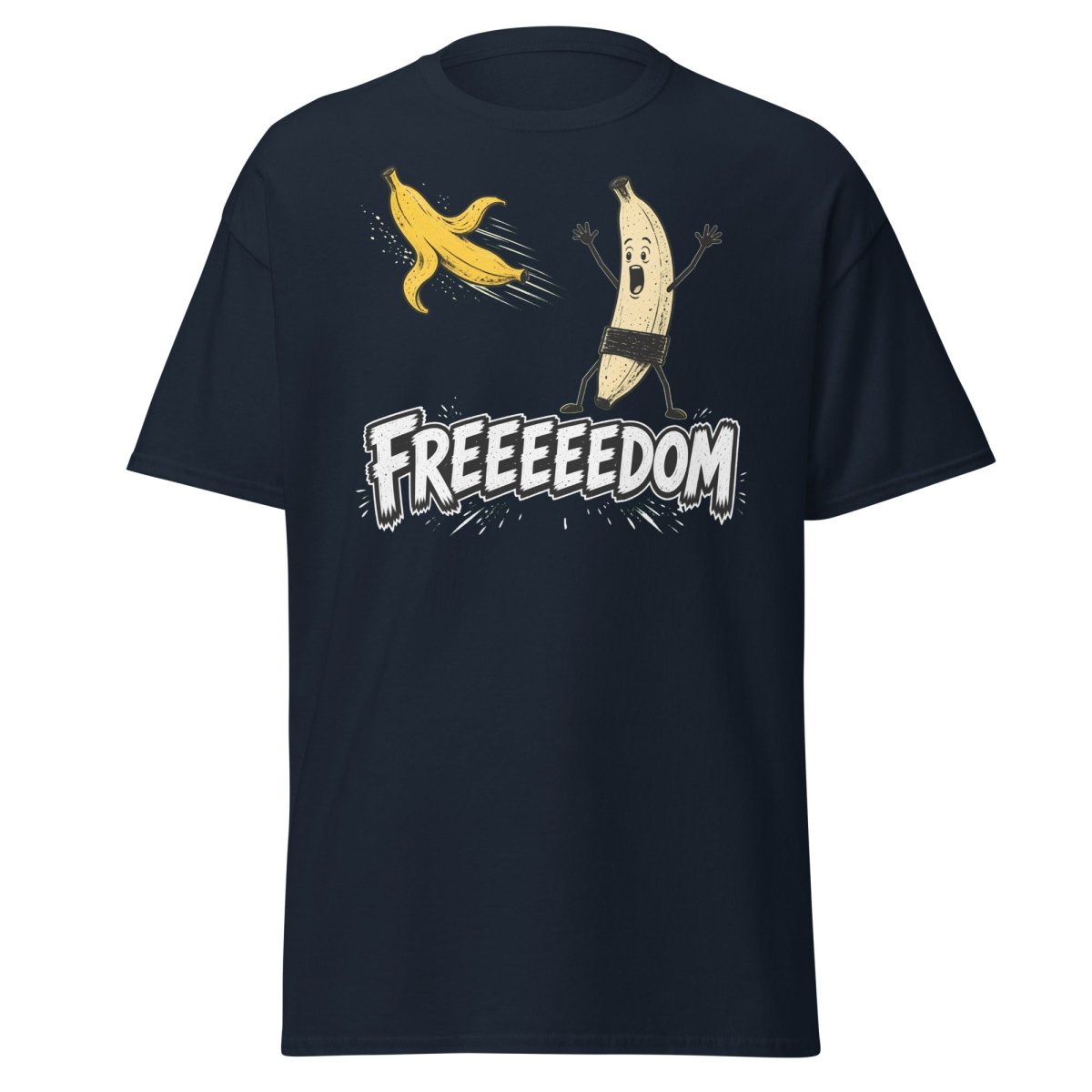 FREEEEEDOM Banana T-Shirt – Funny Cartoon Fruit Graphic Tee - Navy - TeeRipple