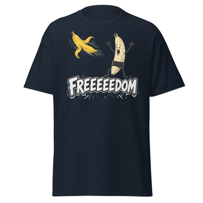 FREEEEEDOM Banana T-Shirt – Funny Cartoon Fruit Graphic Tee - Navy - TeeRipple