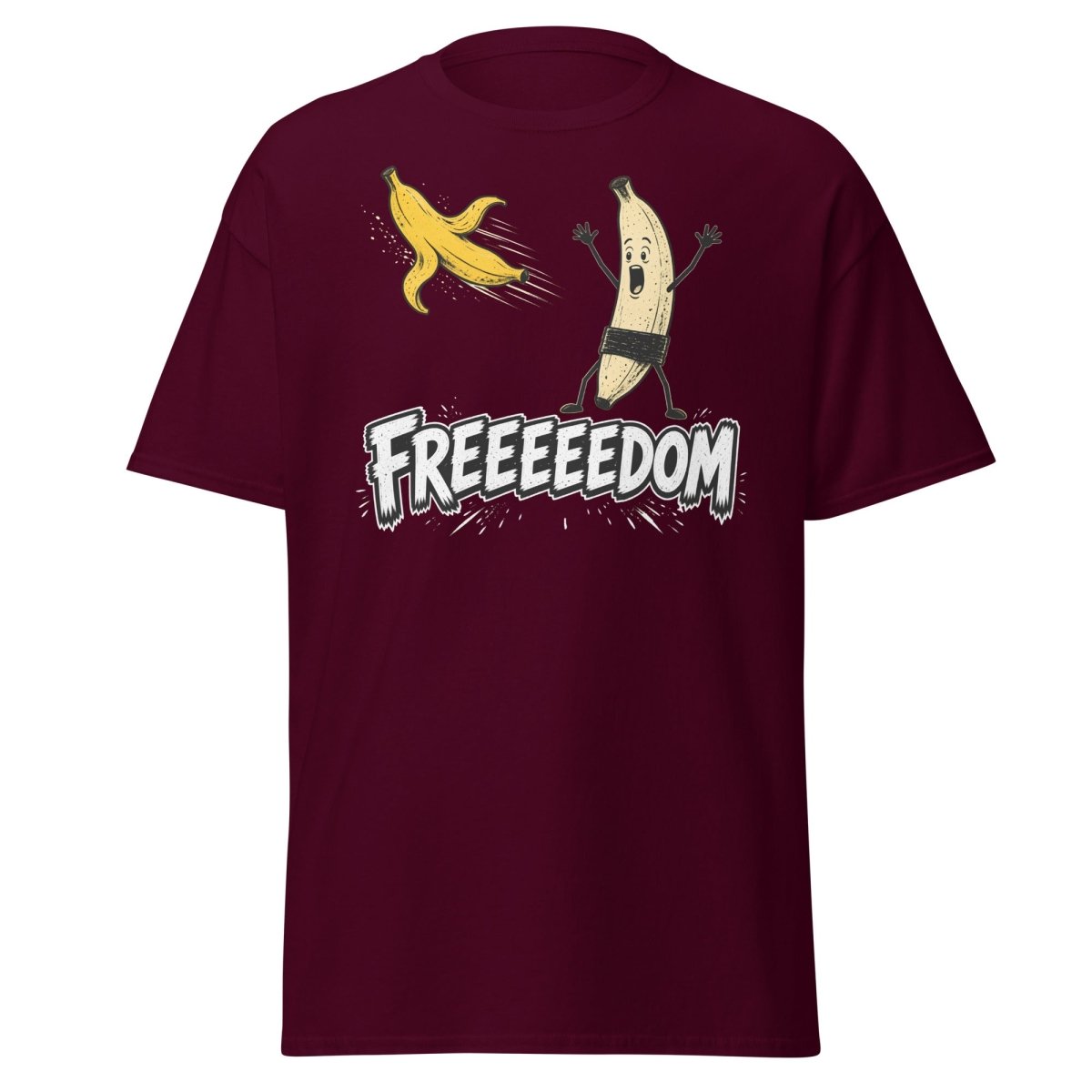 FREEEEEDOM Banana T-Shirt – Funny Cartoon Fruit Graphic Tee - Maroon - TeeRipple