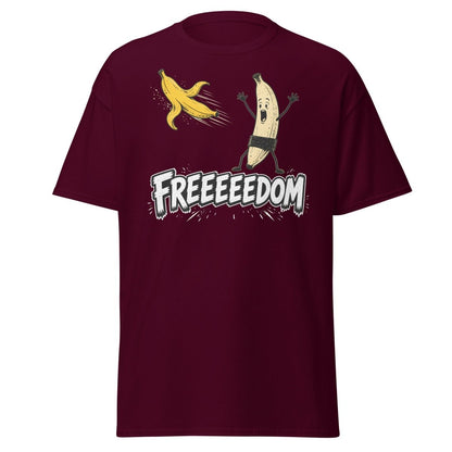 FREEEEEDOM Banana T-Shirt – Funny Cartoon Fruit Graphic Tee - Maroon - TeeRipple