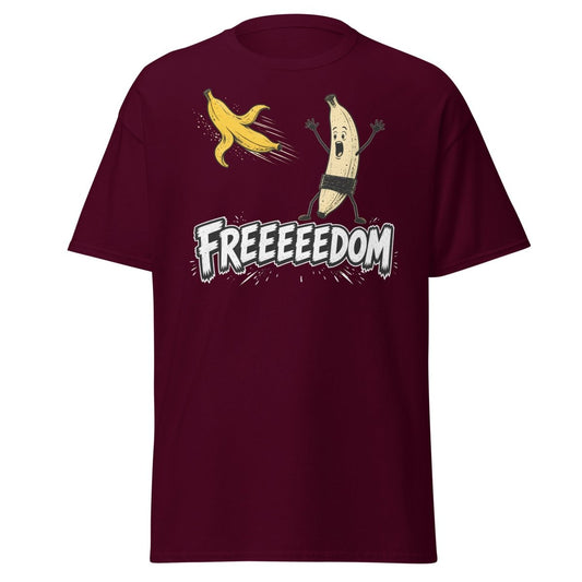 FREEEEEDOM Banana T-Shirt – Funny Cartoon Fruit Graphic Tee - Maroon - TeeRipple