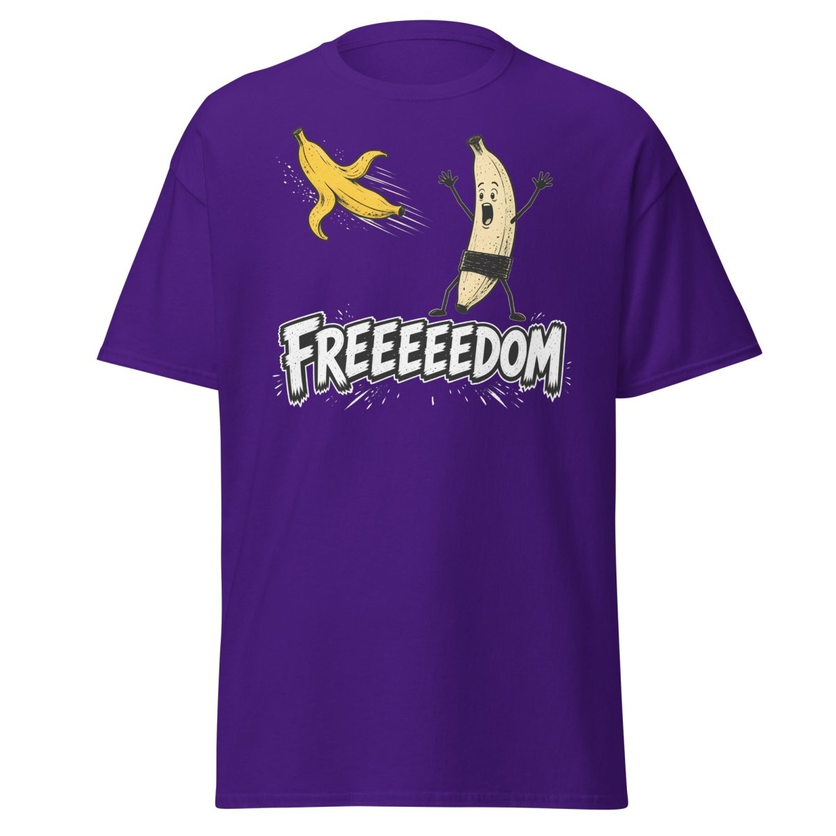 FREEEEEDOM Banana T-Shirt – Funny Cartoon Fruit Graphic Tee - Purple - TeeRipple
