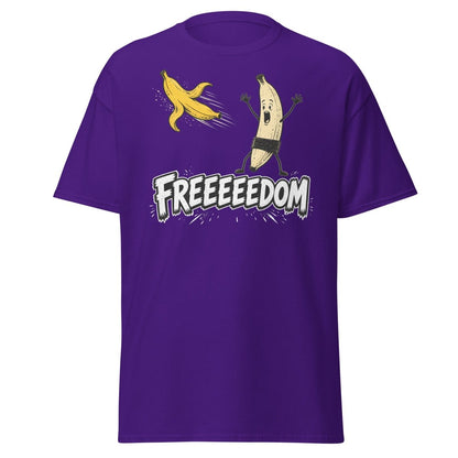 FREEEEEDOM Banana T-Shirt – Funny Cartoon Fruit Graphic Tee - Purple - TeeRipple