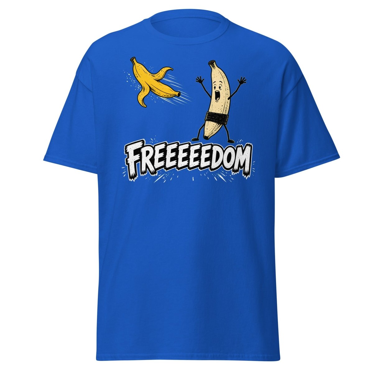 FREEEEEDOM Banana T-Shirt – Funny Cartoon Fruit Graphic Tee - Royal - TeeRipple