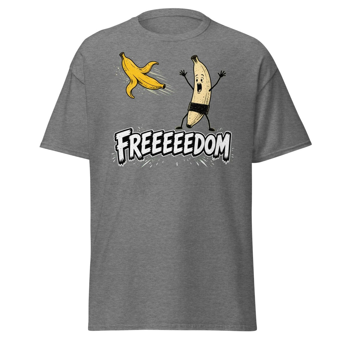 FREEEEEDOM Banana T-Shirt – Funny Cartoon Fruit Graphic Tee - Graphite Heather - TeeRipple