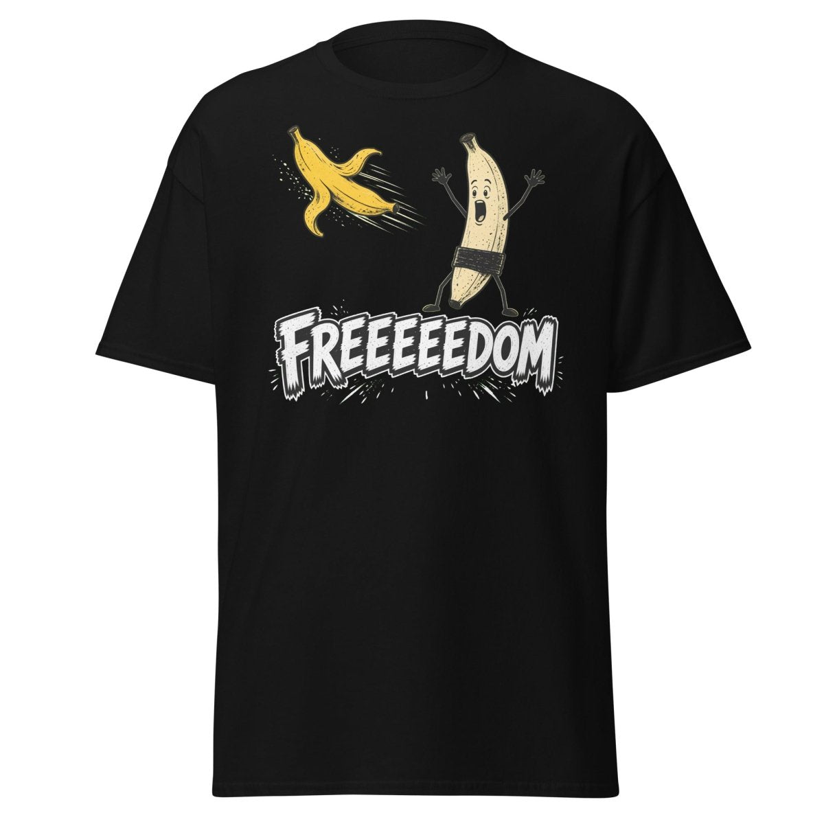 FREEEEEDOM Banana T-Shirt – Funny Cartoon Fruit Graphic Tee - Black - TeeRipple