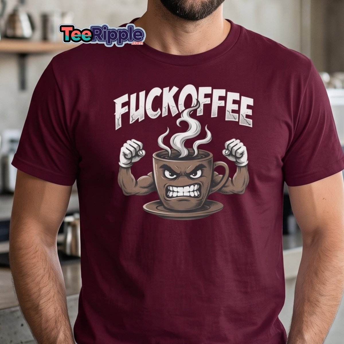 Fuckoffee Angry Coffee Mug T-Shirt – Funny Coffee Humor Tee - Maroon - TeeRipple