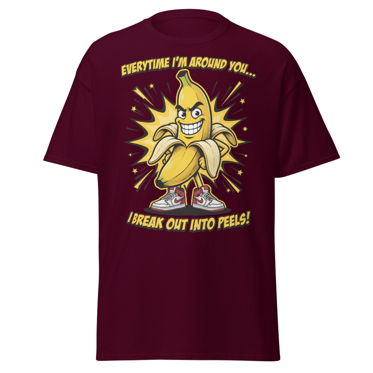 Funny Banana Peel Pun T-Shirt – Break Out Into Peels Tee - Maroon - TeeRipple