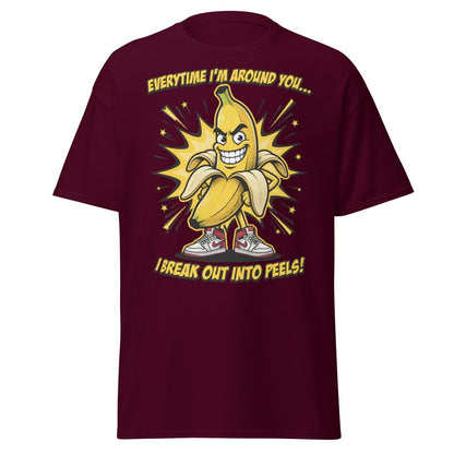 Funny Banana Peel Pun T-Shirt – Break Out Into Peels Tee - Maroon - TeeRipple