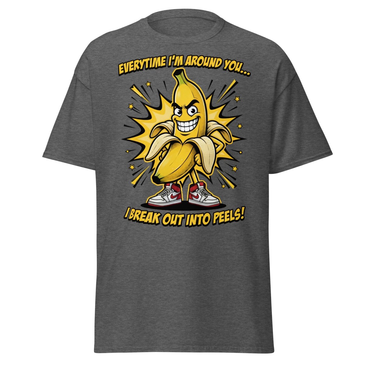 Funny Banana Peel Pun T-Shirt – Break Out Into Peels Tee - Dark Heather - TeeRipple