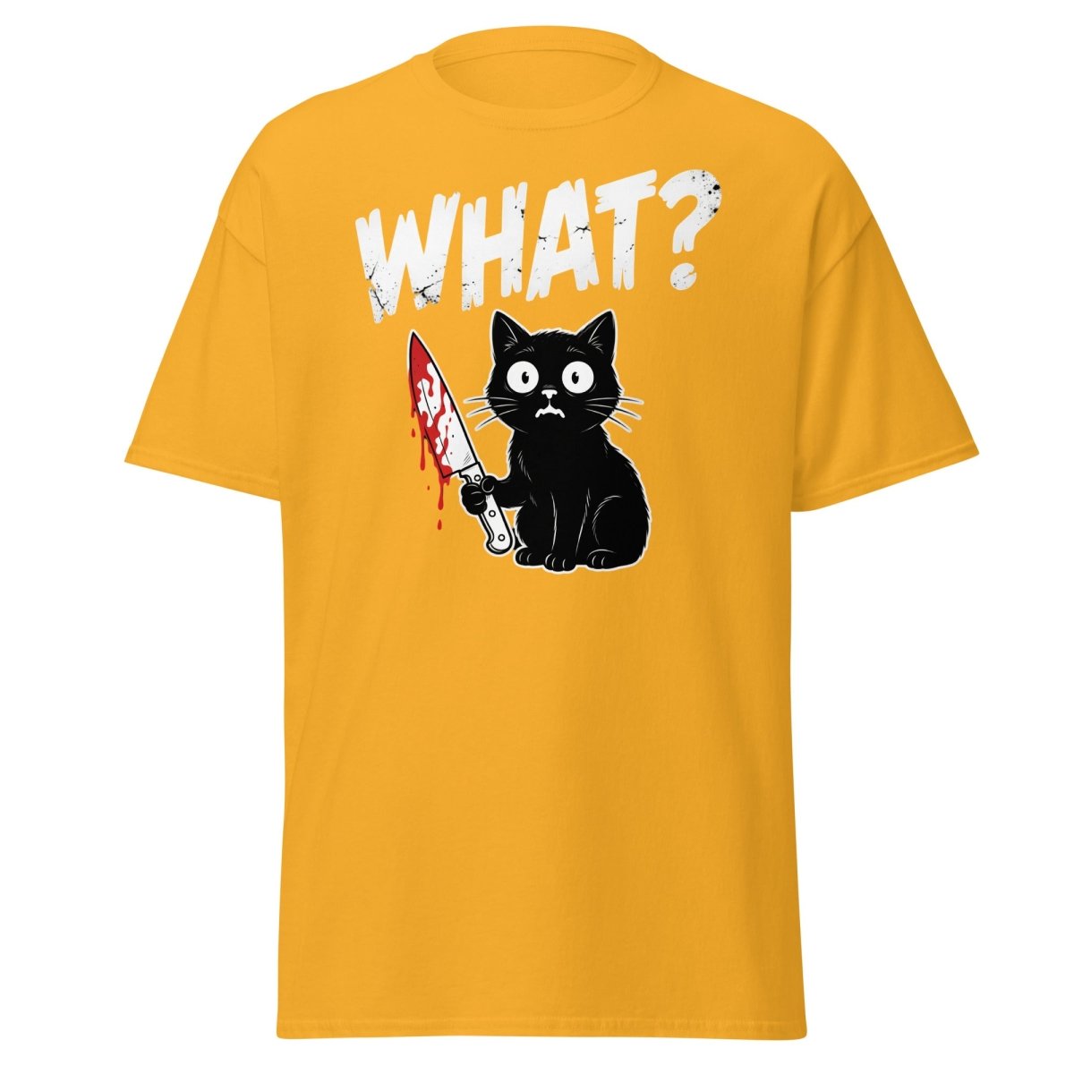 Funny Black Cat Knife "What?" T-Shirt | Guilty Cat Meme - Gold - TeeRipple