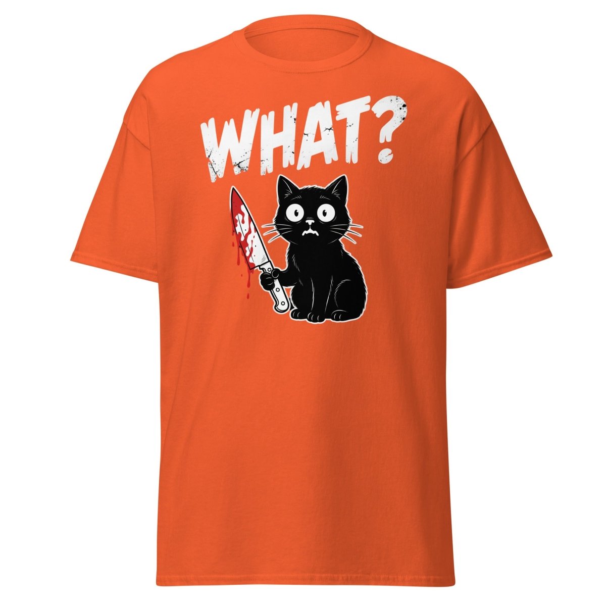 Funny Black Cat Knife "What?" T-Shirt | Guilty Cat Meme - Orange - TeeRipple