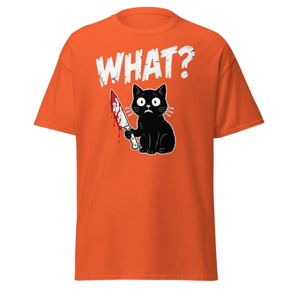 Funny Black Cat Knife "What?" T-Shirt | Guilty Cat Meme - Orange - TeeRipple