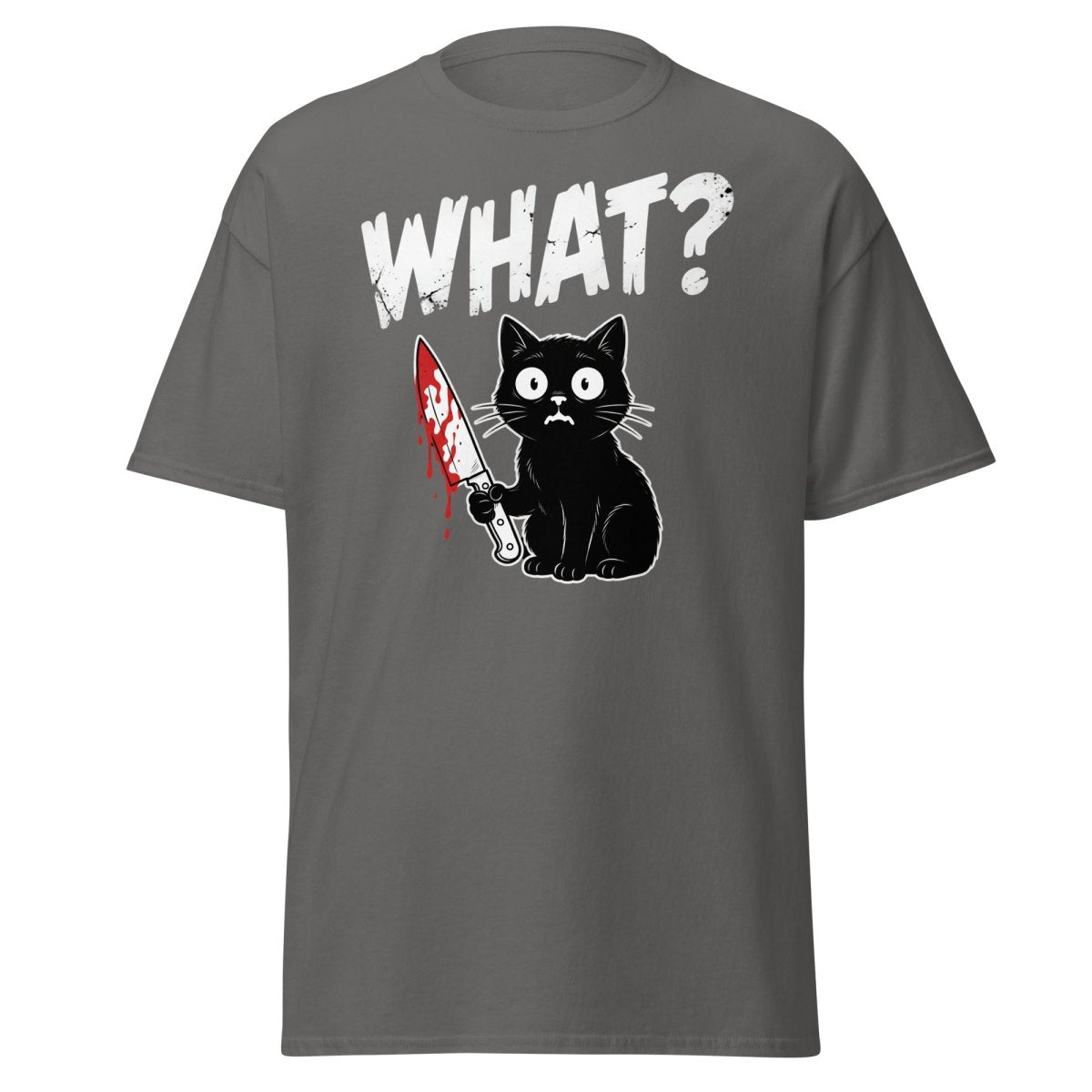 Funny Black Cat Knife "What?" T-Shirt | Guilty Cat Meme - Charcoal - TeeRipple