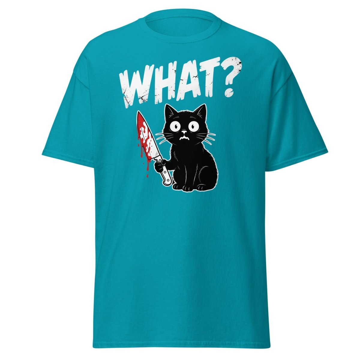 Funny Black Cat Knife "What?" T-Shirt | Guilty Cat Meme - Tropical Blue - TeeRipple
