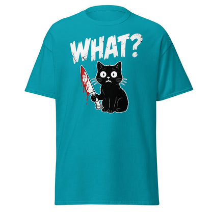 Funny Black Cat Knife "What?" T-Shirt | Guilty Cat Meme - Tropical Blue - TeeRipple