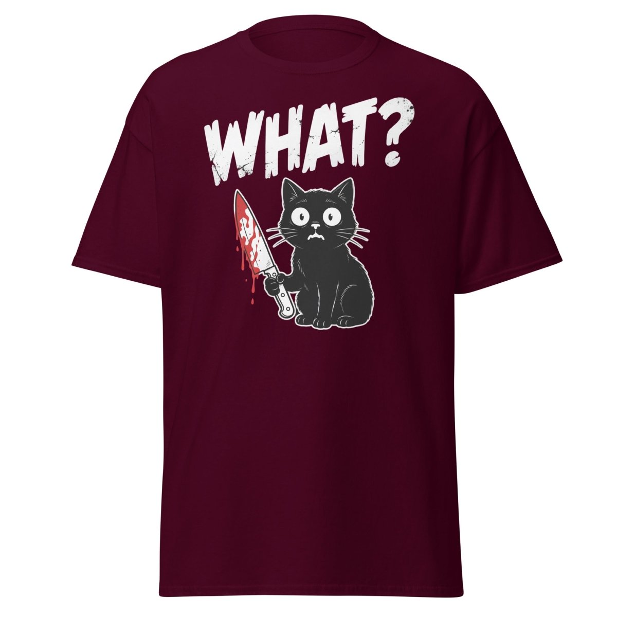 Funny Black Cat Knife "What?" T-Shirt | Guilty Cat Meme - Maroon - TeeRipple