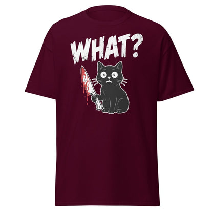 Funny Black Cat Knife "What?" T-Shirt | Guilty Cat Meme - Maroon - TeeRipple