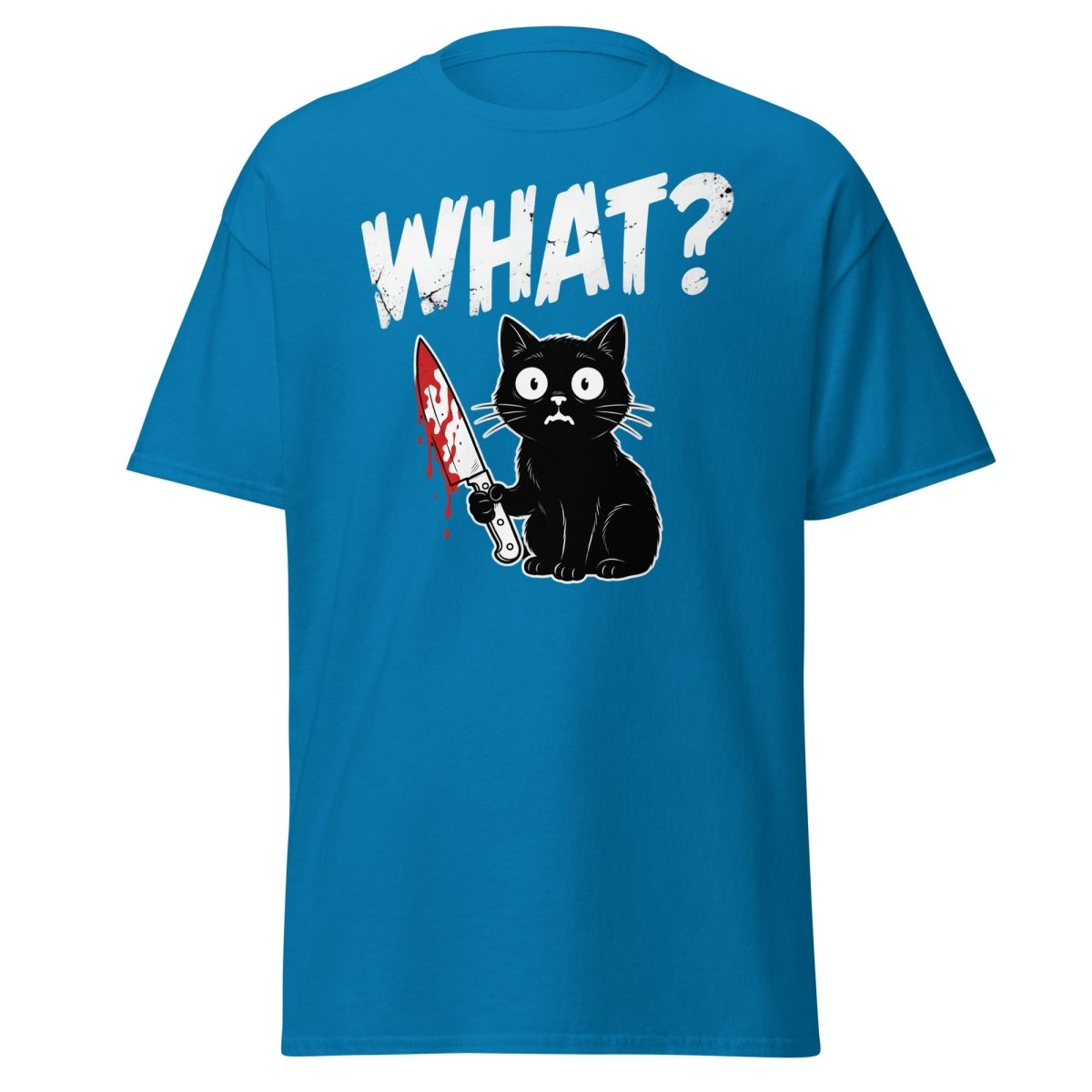 Funny Black Cat Knife "What?" T-Shirt | Guilty Cat Meme - Sapphire - TeeRipple