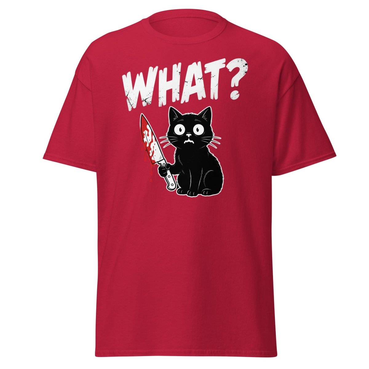 Funny Black Cat Knife "What?" T-Shirt | Guilty Cat Meme - Cardinal - TeeRipple