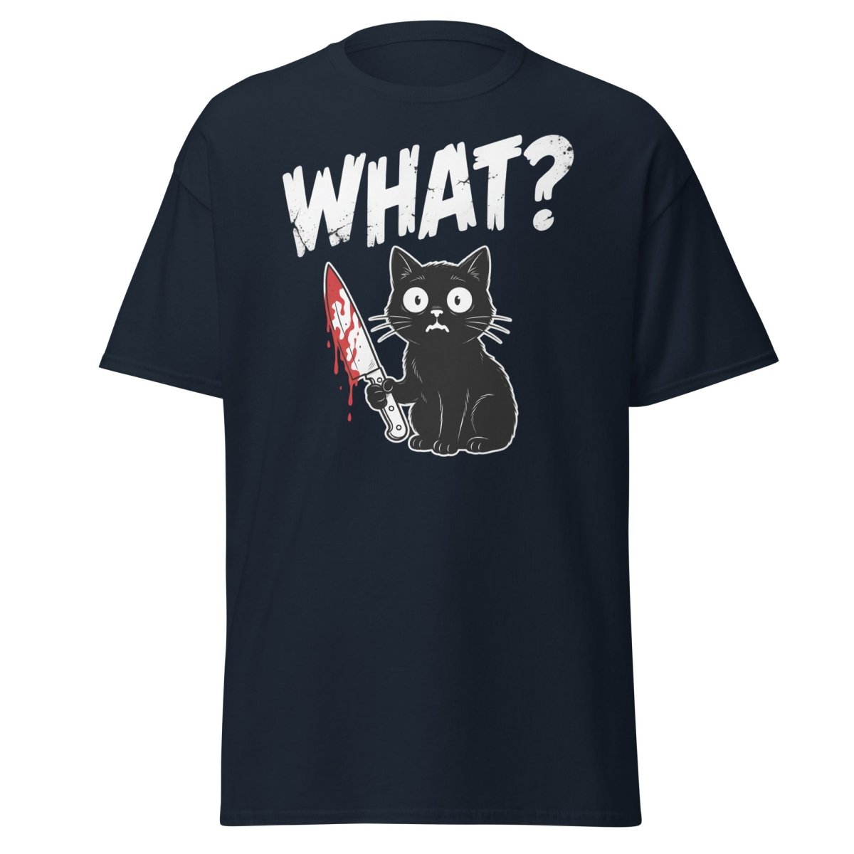 Funny Black Cat Knife "What?" T-Shirt | Guilty Cat Meme - Navy - TeeRipple
