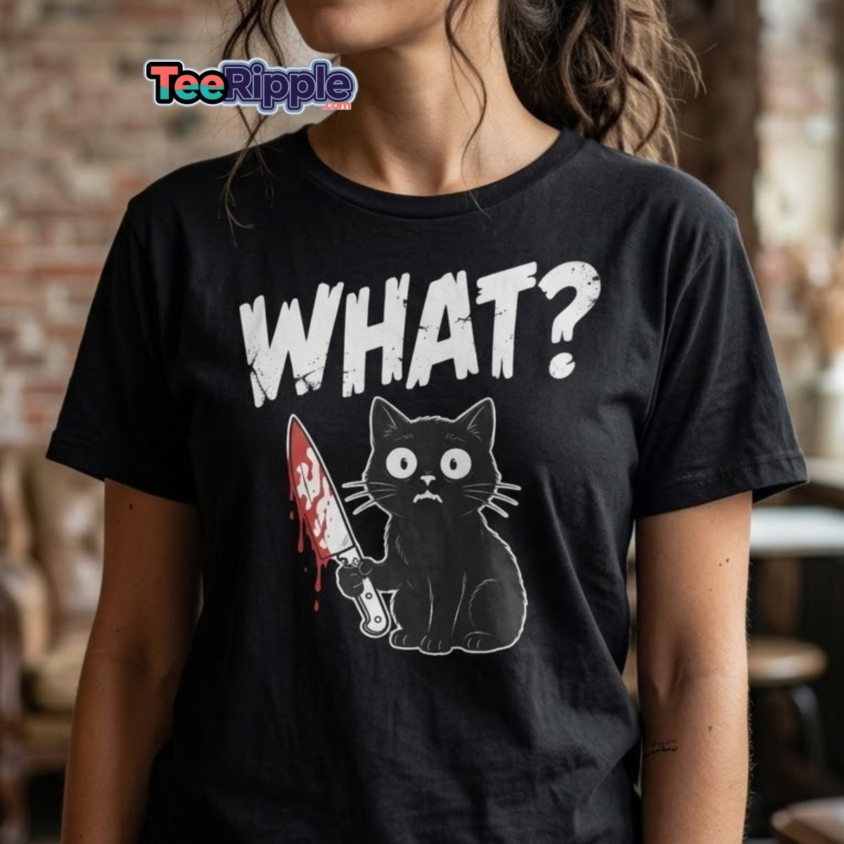 Funny Black Cat Knife "What?" T-Shirt | Guilty Cat Meme - Maroon - TeeRipple