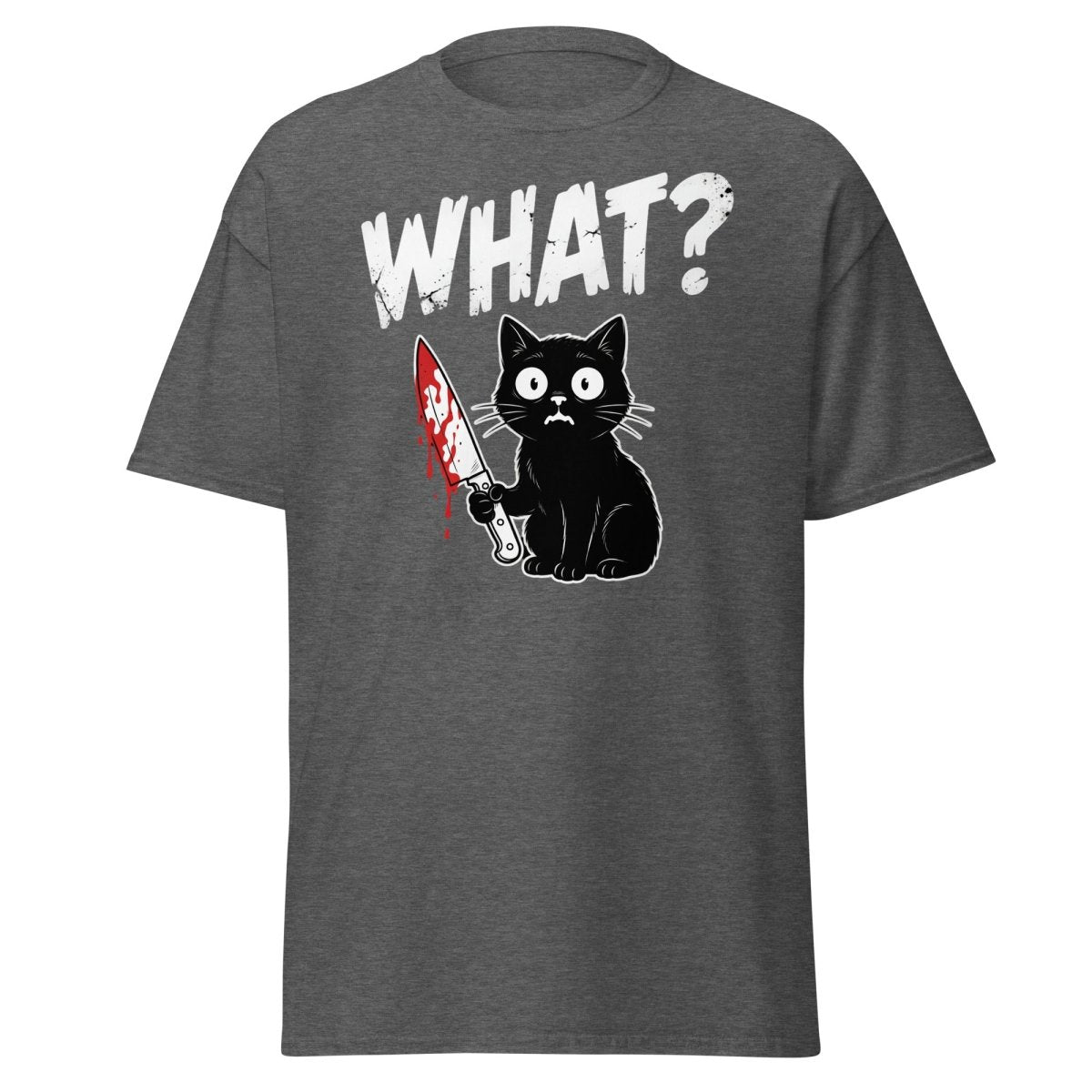 Funny Black Cat Knife "What?" T-Shirt | Guilty Cat Meme - Dark Heather - TeeRipple