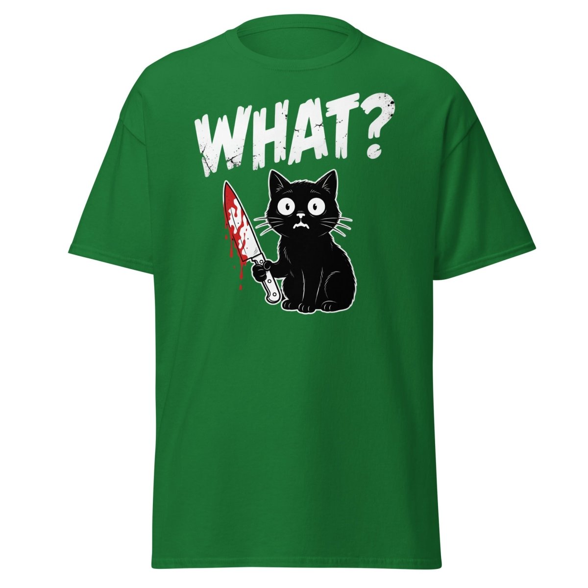 Funny Black Cat Knife "What?" T-Shirt | Guilty Cat Meme - Turf Green - TeeRipple