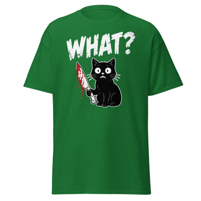Funny Black Cat Knife "What?" T-Shirt | Guilty Cat Meme - Turf Green - TeeRipple