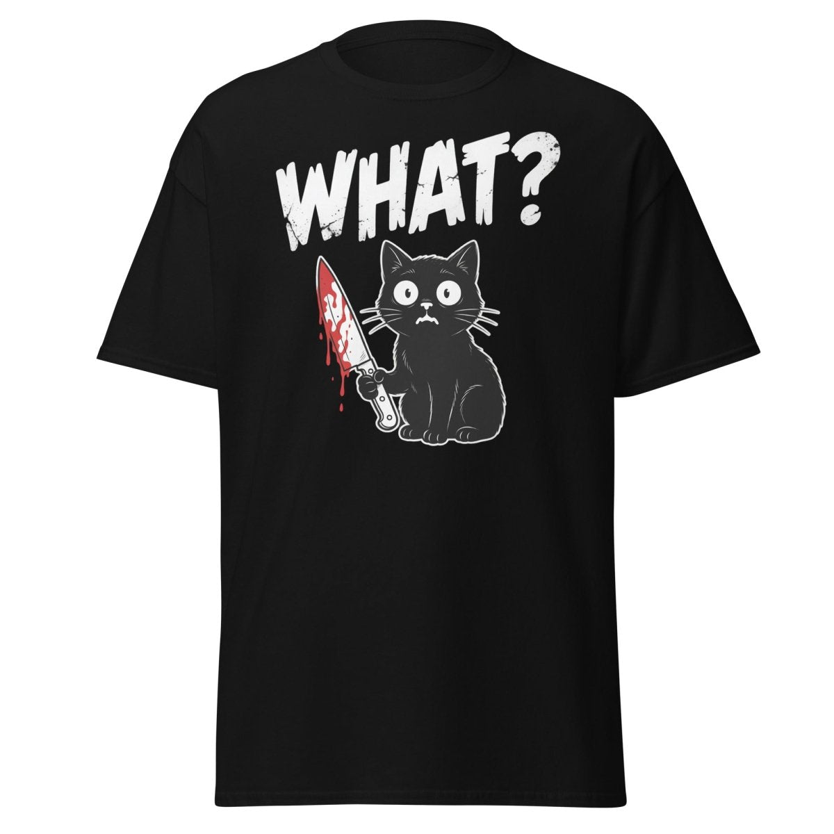 Funny Black Cat Knife "What?" T-Shirt | Guilty Cat Meme - Black - TeeRipple