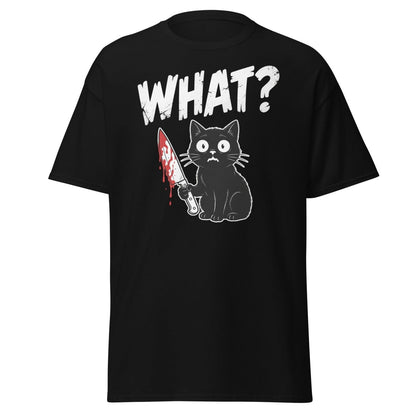 Funny Black Cat Knife "What?" T-Shirt | Guilty Cat Meme - Black - TeeRipple