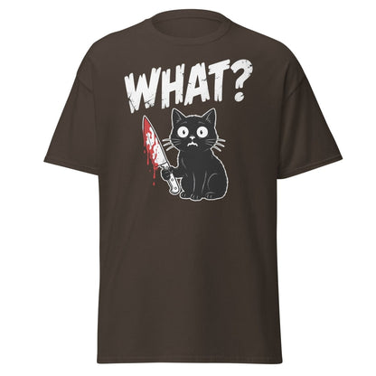 Funny Black Cat Knife "What?" T-Shirt | Guilty Cat Meme - Dark Chocolate - TeeRipple