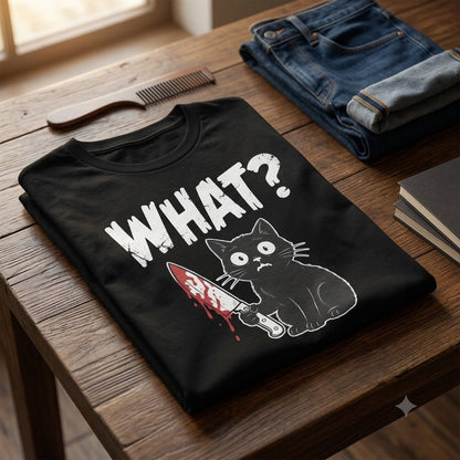 Funny Black Cat Knife "What?" T-Shirt | Guilty Cat Meme - Maroon - TeeRipple